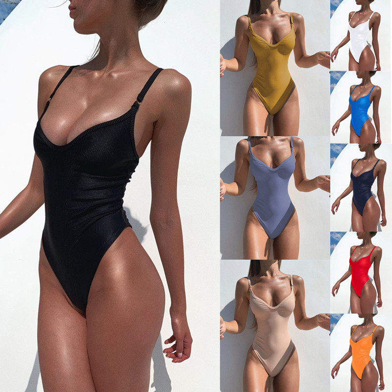 Pengxiang New One-piece Swimsuit European and American Bikini Solid Color Striped Nylon Sexy Ladies One-piece Swimsuit 0058