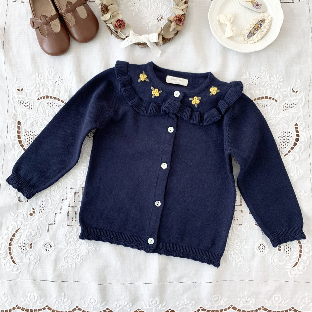 Cross-border Export Spring and Autumn Girls' Thin Knitted Cardigan Ins Girls' Knitted Cotton Yarn Embroidered Cardigan
