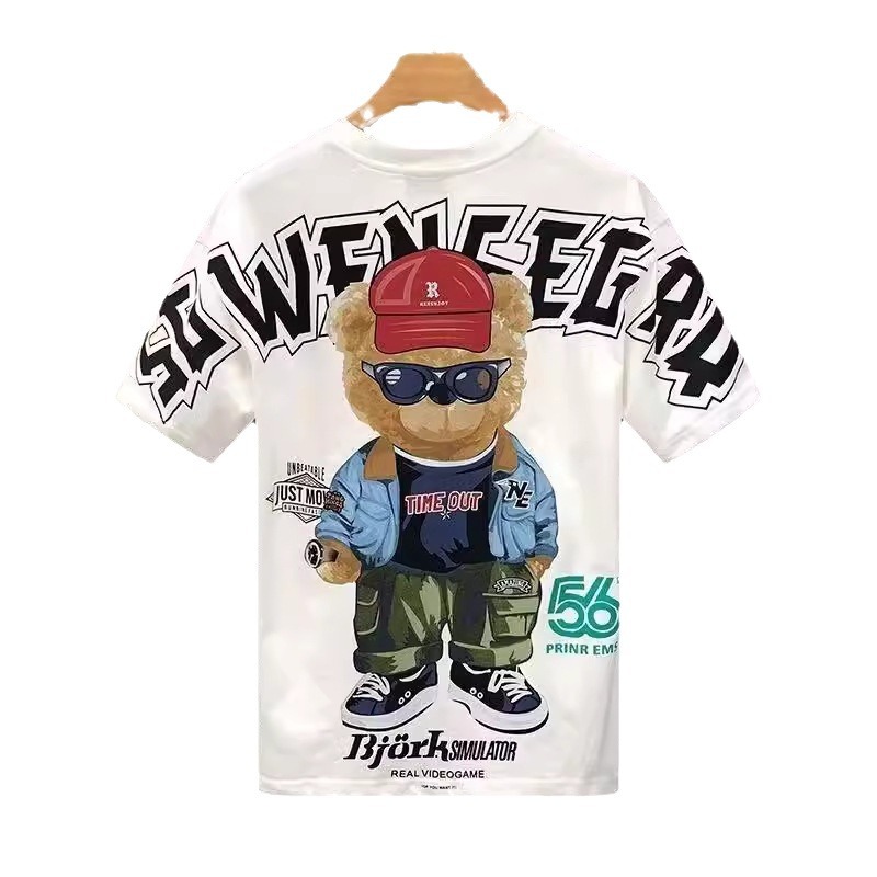 High quality drop shoulder cotton T-shirt men's 2024 Summer new fashion brand half sleeve top fun cartoon bear short sleeve t