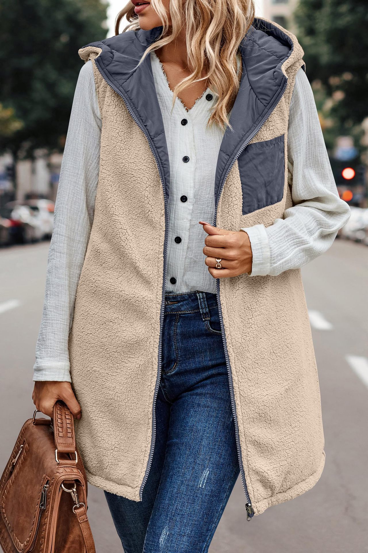 In stock 2023 new European and American solid color hooded cotton-padded vest double-sided warm cardigan windproof coat_voghion.com