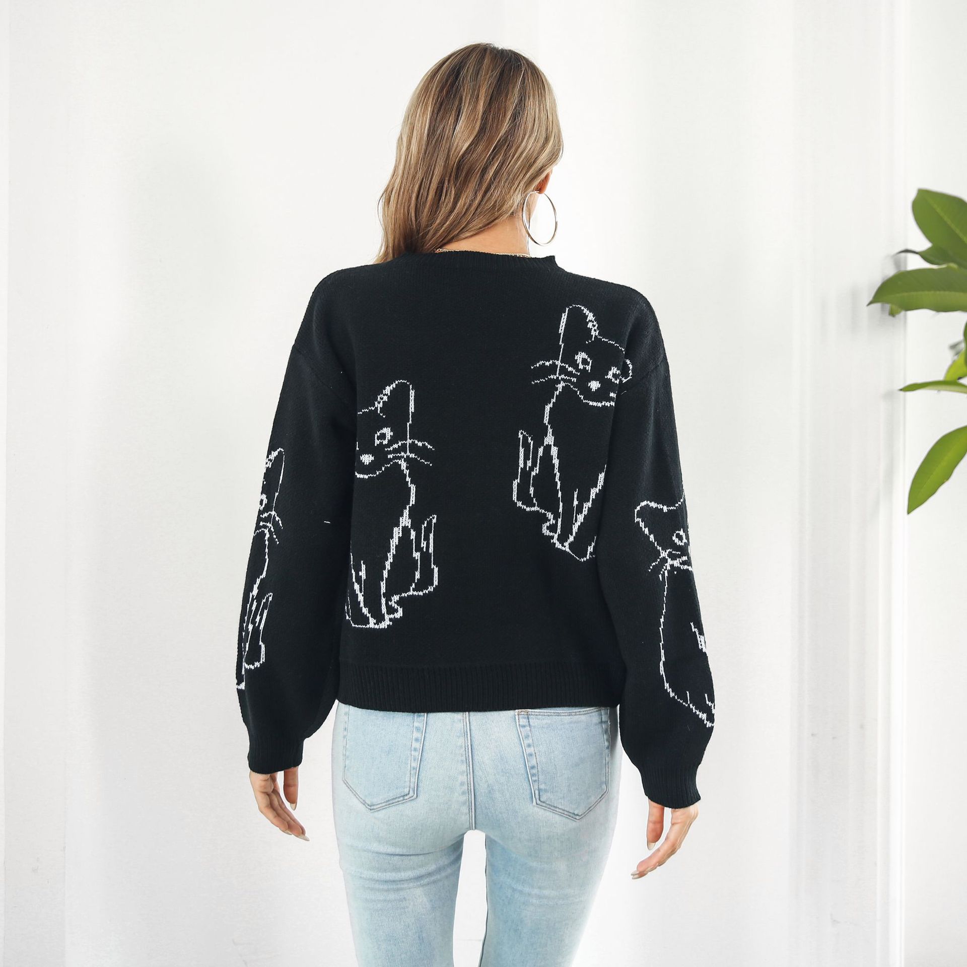 Cat Jacquard Sweater Women's Loose Autumn and Winter Long Sleeve Amazon European and American Knitwear Foreign Trade Cross-border Sweater New