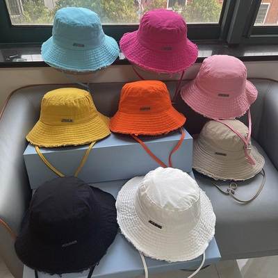 Qiya same style JACQUEMUS summer washed big brim fisherman hat vacation rough edge sling sun protection female sun hat