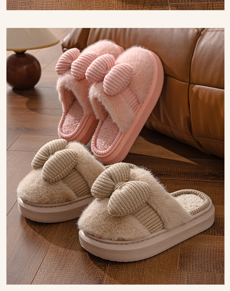 Nuove pantofole di cotone per la casa autunnali e invernali da donna con fiocco, per la casa, al coperto, spesse, in peluche, calde, antiscivolo, in cotone, all'ingrosso_voghion.com