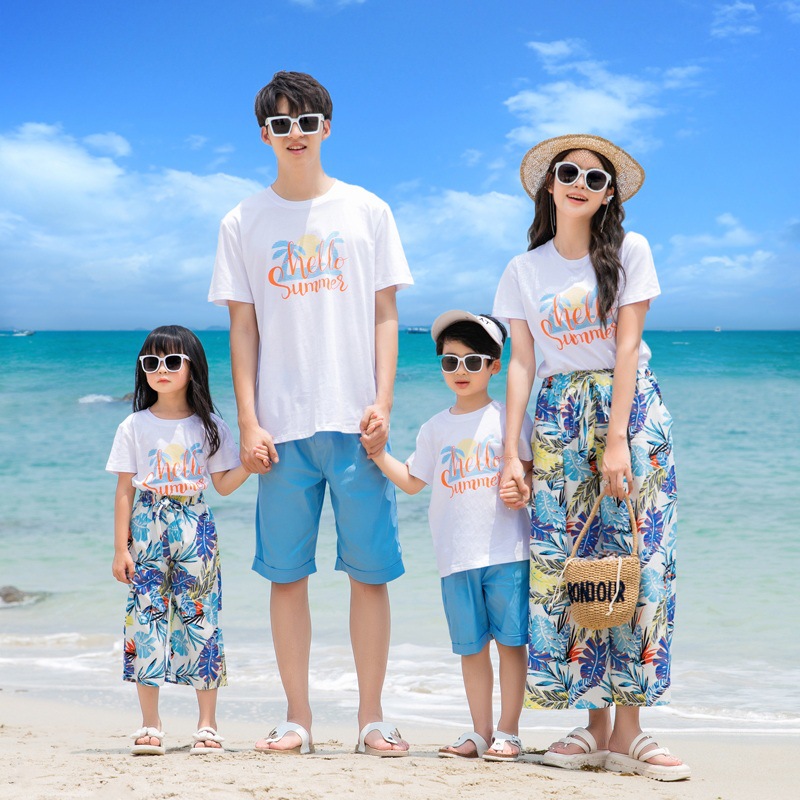 2023 Parent-Child Suit Family of Three and Four Beach Seaside Vacation Sanya Tourism Foreign Style Mother-Child Mother-Daughter Suit
