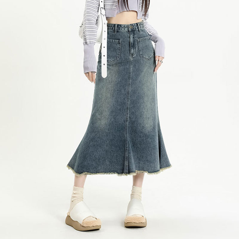 Vintage Denim Skirt Women's Summer 2023 New Design High Waist Slim A- line Hip Fishtail Skirt