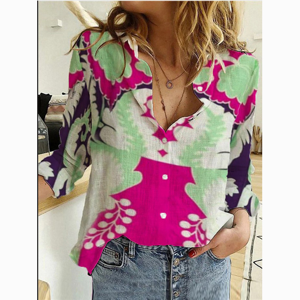 Women's 2024 Autumn New Shirt Fashion Map Depicting Printed Long Sleeve Top for Women
