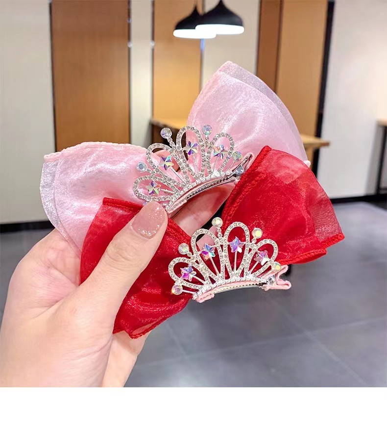 Children's Hair Accessories Princess Korean Crown Headwear Little Girl's New Year Hairpin Red Three-dimensional Bow Hairpin_voghion.com