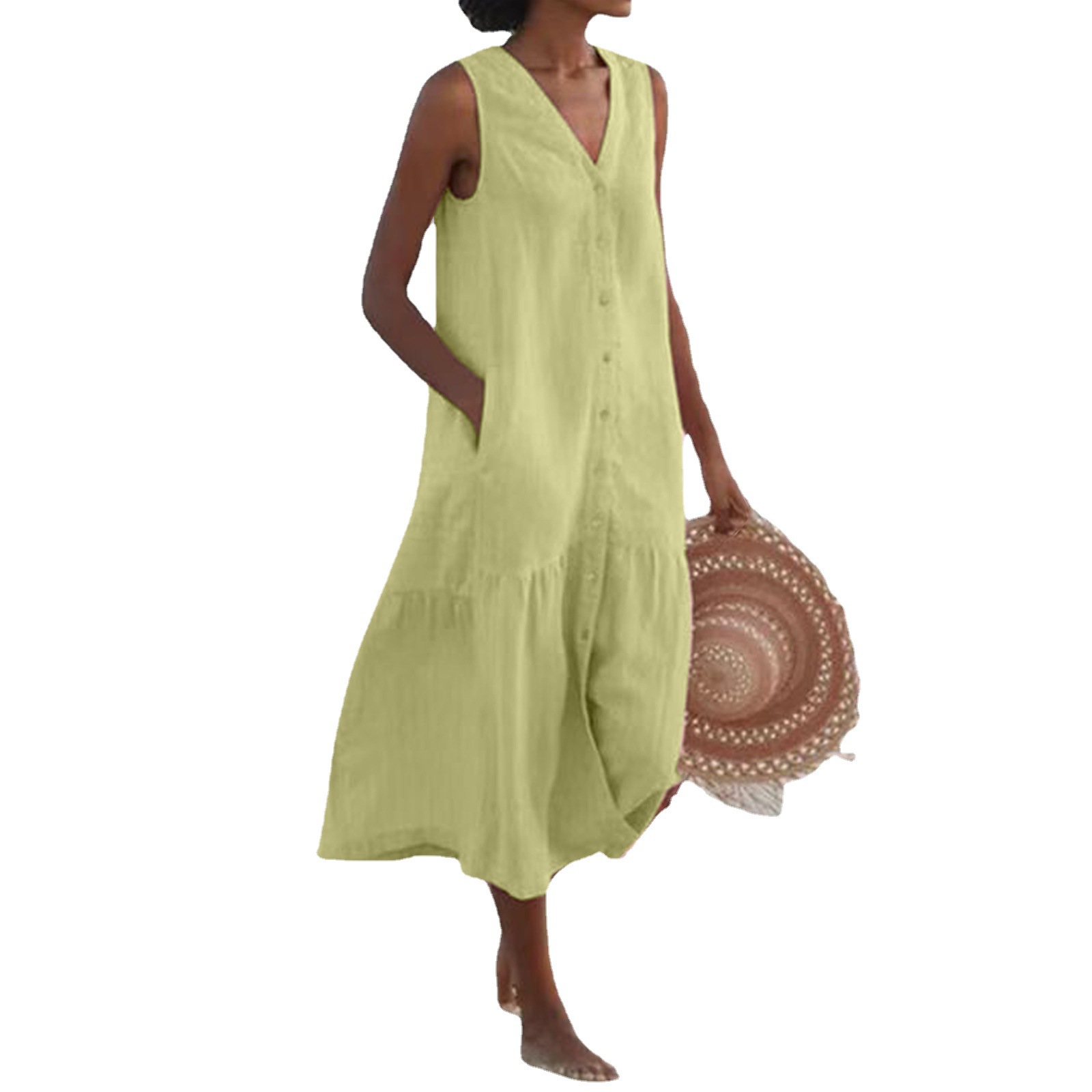 2023 Summer Foreign Trade Solid Color Cotton Sling Style Temperament Commuter Trendy Long Dress Loose Waist Pink Polka Dot Dress