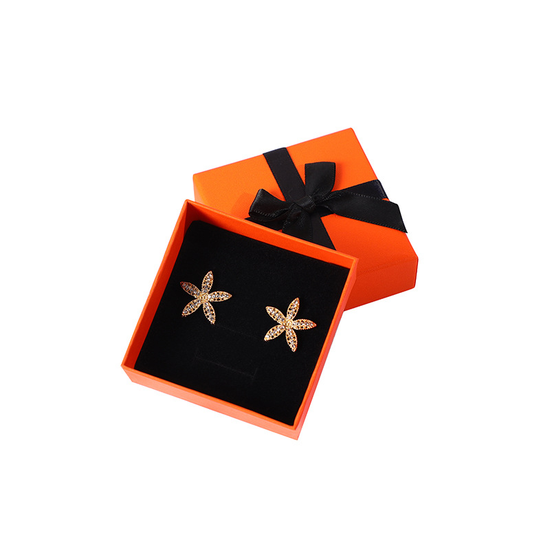 Hermes Orange Bow Jewelry Packaging Box Bracelet Ring Ear Nail Box Black Ribbon Simple Jewelry