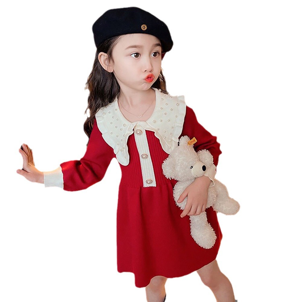 2024 spring new dress long sleeve beaded collar baby Western style dress little girl princess children sweater dress