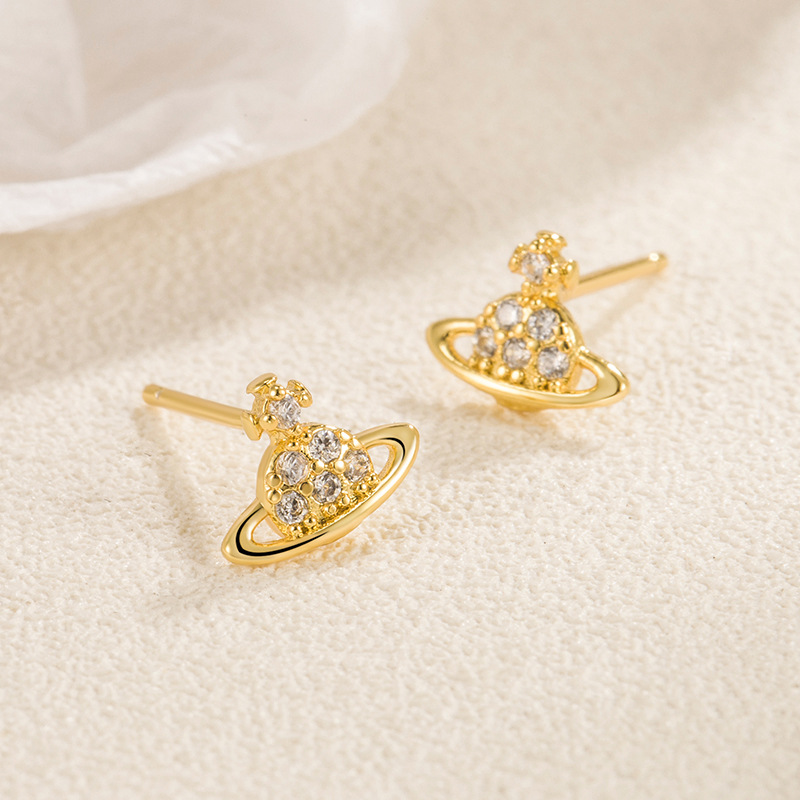 Saturn Zircon stud earrings niche design unique 2023 popular full diamond mini earrings fashion small cute earrings