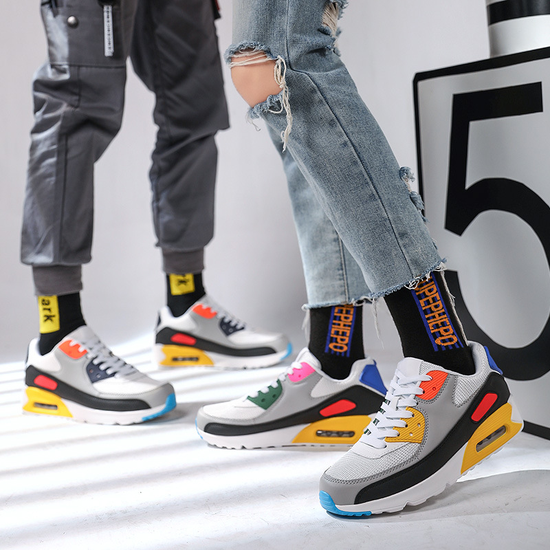 Couple's Air Cushion Sneakers Men's and Women's Cross-border Large Size Lightweight Casual Shoes Color-block Trendy Mesh Breathable Running Shoes