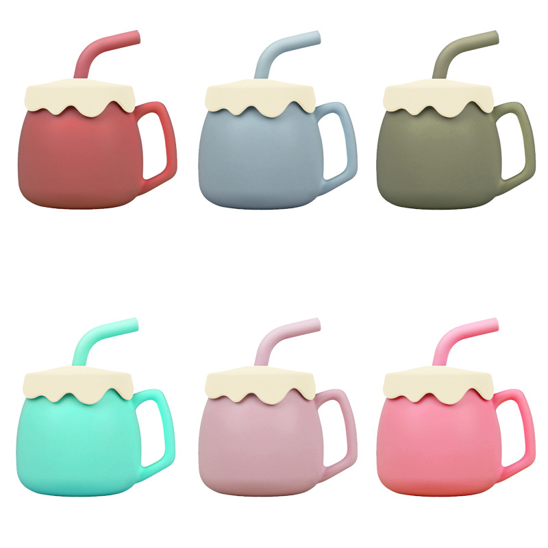 Baby silicone straw cup baby drinking cup one Cup two-purpose drop-resistant portable handle silicone training drink