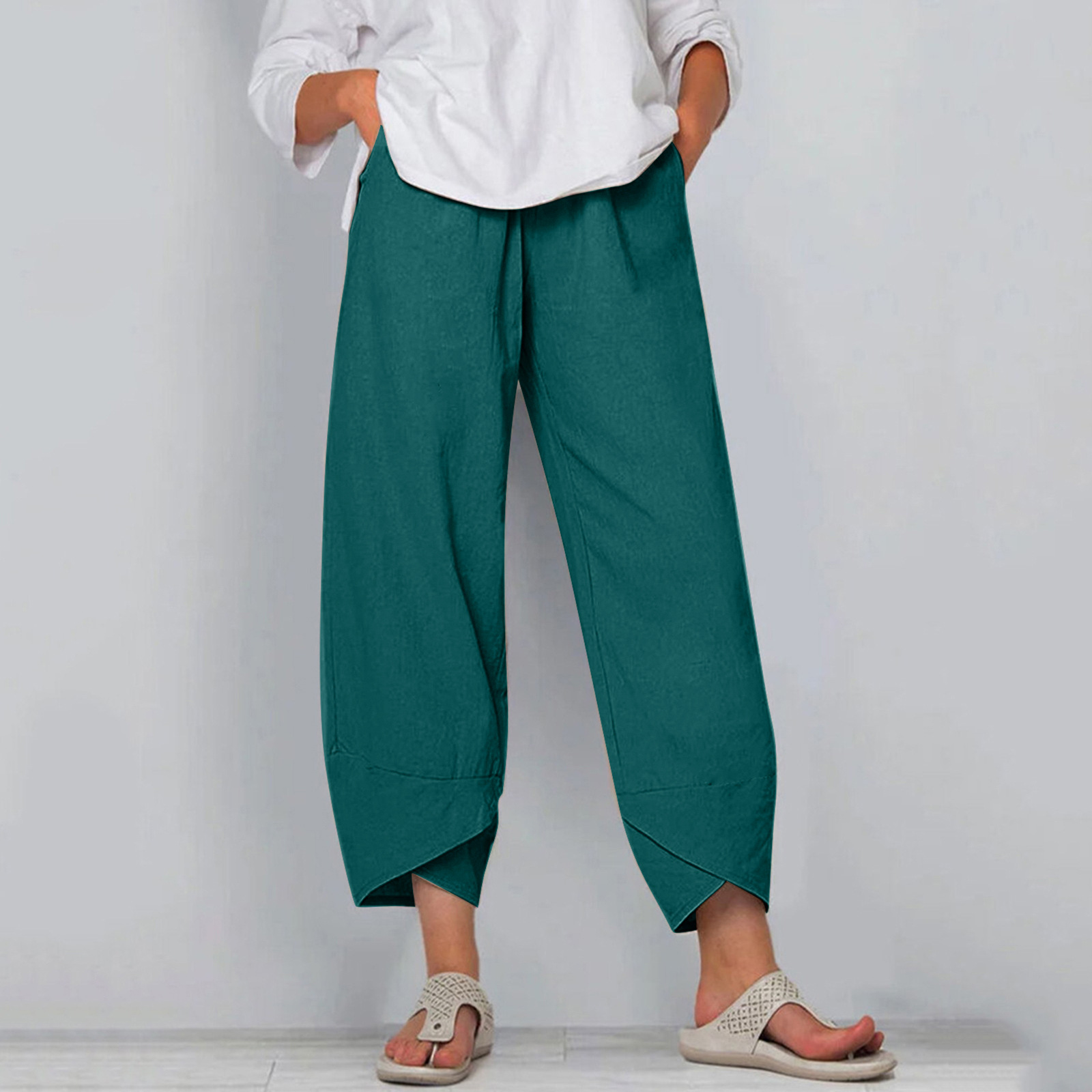 2022 AliExpress Amazon hot sale Women's solid color cotton linen high waist casual pants