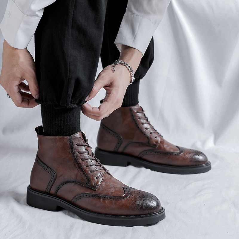 Men's Martin Boots Frock Business Casual Brock Carved High-top Leather Shoes with Suit 85680-R