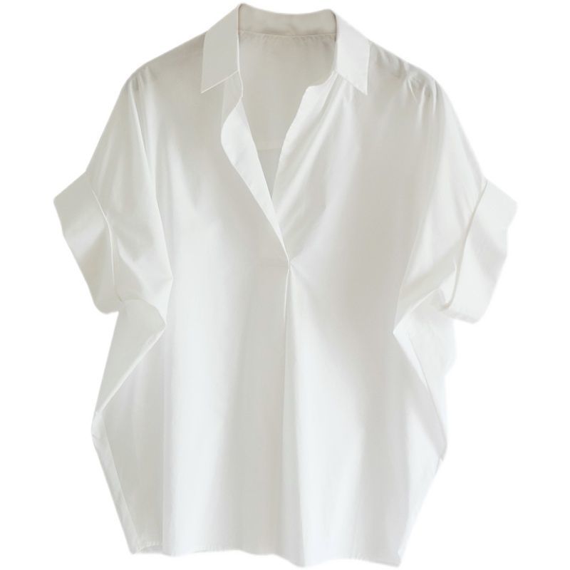 Vintage Hong Kong Style Short Sleeve Shirt Women's Summer New Style All-match White Shirt Loose Bat Sleeve Collar Top