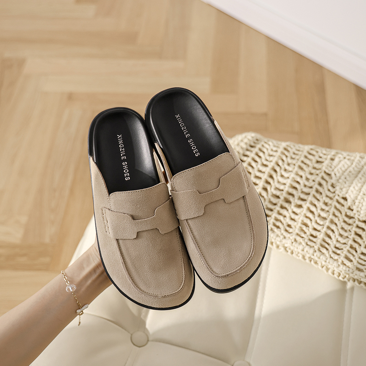 Genuine Leather Second Uncle Bocken Shoes Women's Baotou Half Slippers 2025 New Spring and Summer Outer Wear Soft-soled Thick Sole Lazy Shoes