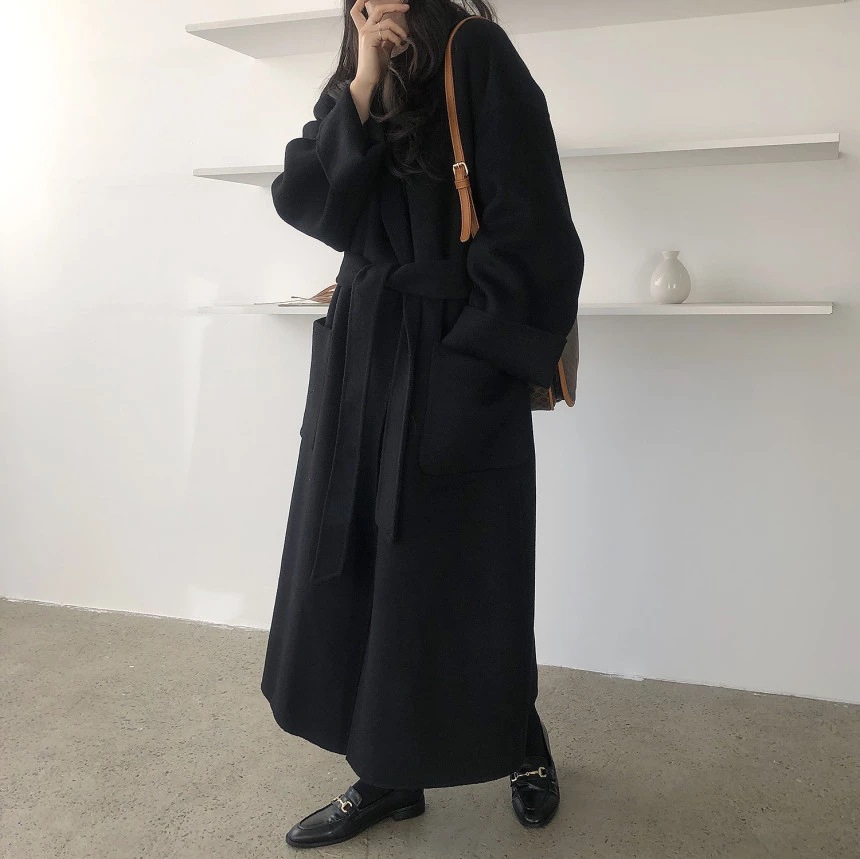 South Korea Dongdaemun 2023 autumn and winter New lace-up cashmere coat Women's Mid-length loose over-the-knee woolen coat_voghion.com