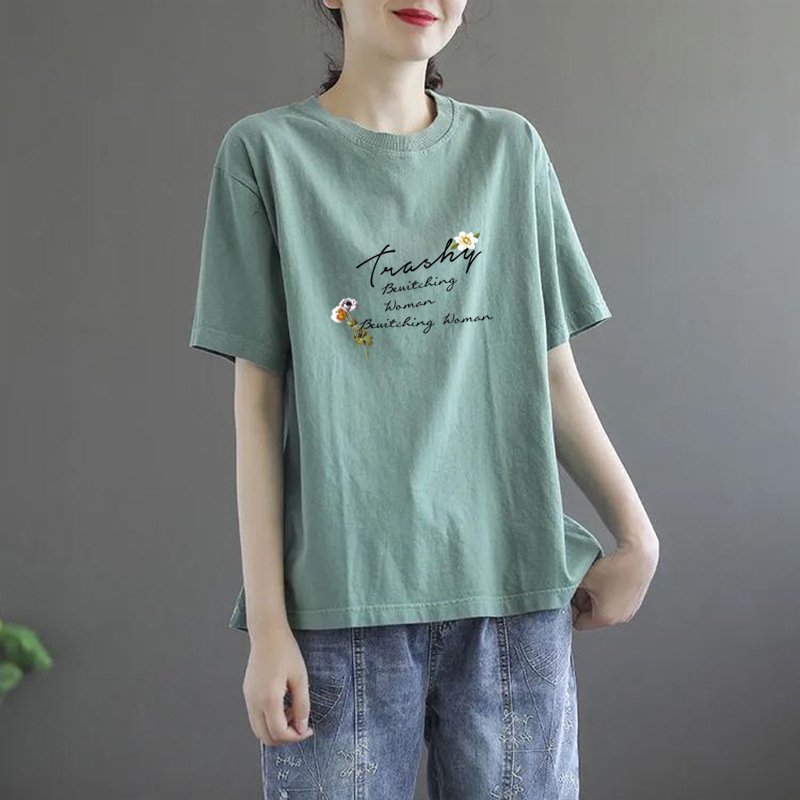 Short-sleeved T-shirt Women's 2023 New Summer Fat Girl Large Size Mother's Printed Loose Women's T-shirt Korean-style ins Trendy