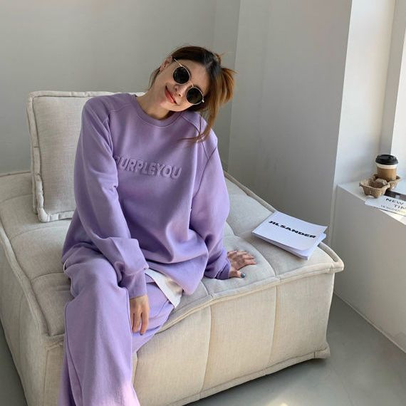 Concave-convex letters plus size suit women's 2024 spring and autumn cross-border South Korea New loose long-sleeved sweater trousers two-piece set