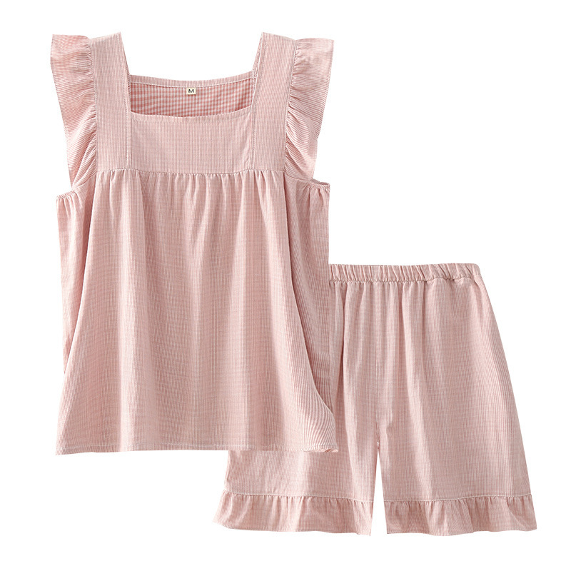 夏の純綿のノースリーブベストの半ズボンの家の服の女性の薄いタイプのガーゼの方襟のパジャマのスーツの甘い格子はゆったりしています。|undefined