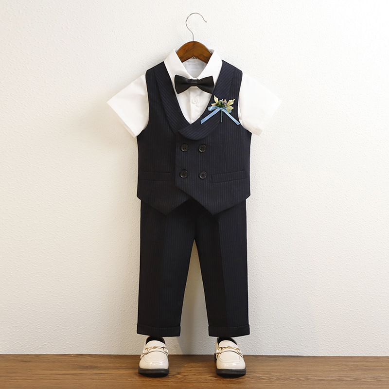 Children's Suit Spring and Summer British Style Striped Vest Short-sleeved Suit Boys' Host Performance Suit Children's Flower Dress