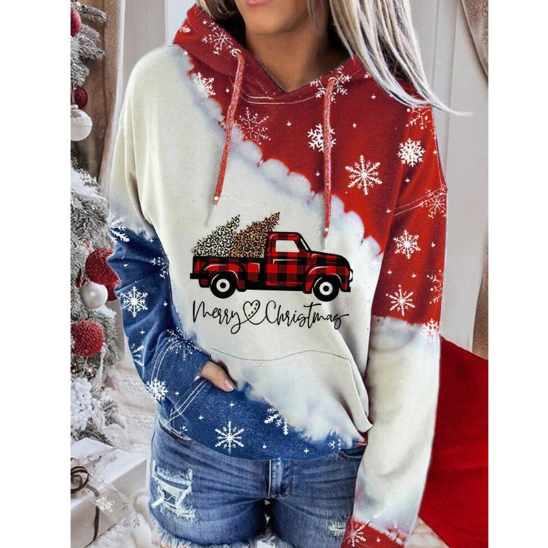 2024 European and American new sweater Christmas snowman car printing casual hooded collar Christmas series printed sweater