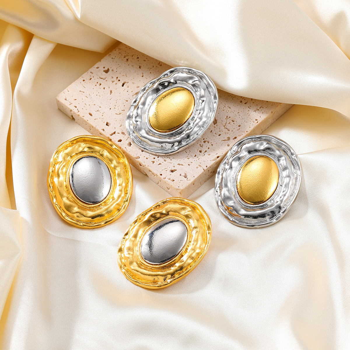 夏季新款合金耳環歐美誇張耳飾女圓形金屬感金銀拼色耳釘earrings