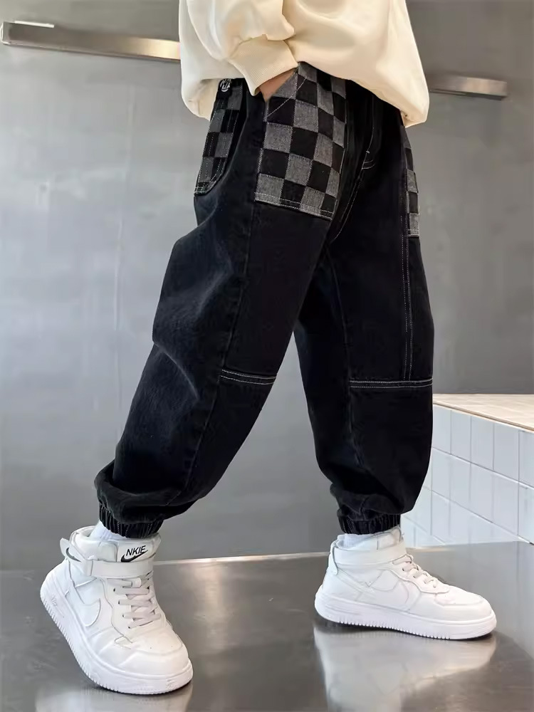 Children's Spring and Autumn Men's Pants 2024 New Children's Casual Stylish Checkered Denim for Older Children Sports Pants