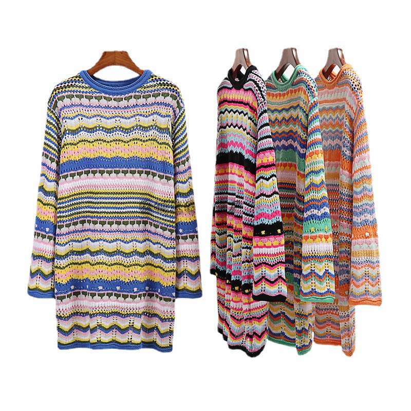 Cross-border Autumn and Winter European and American Round Neck Cross-border Women's Sweater Women's Rainbow Striped Pullover Mid-length Women's Sweater