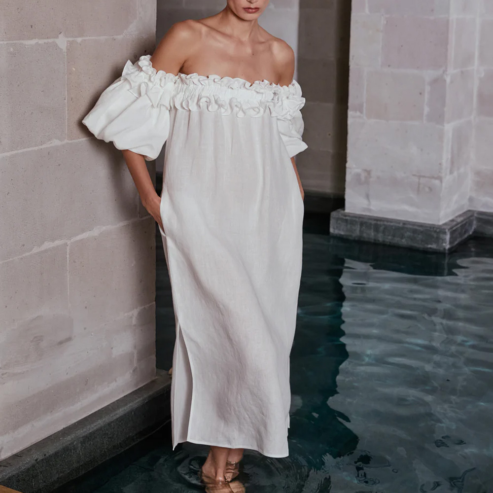 Cross-border 2024 spring and summer European and American women's off-shoulder sexy bubble sleeve solid color lace holiday beach dress