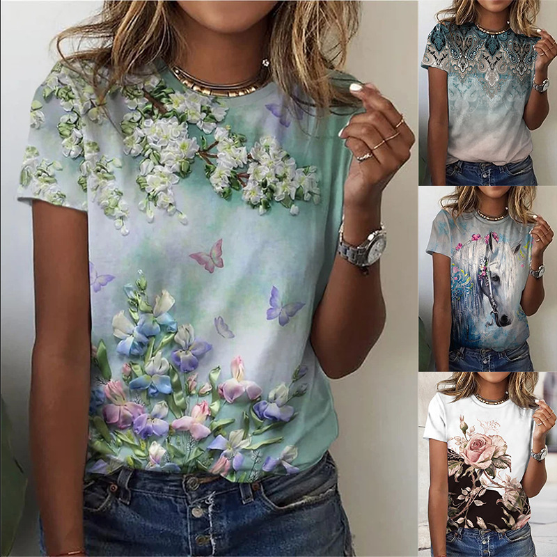2023 Summer Amazon Independent Station wish Cross-border Animal Pattern Printed Short-sleeved Round Neck T-shirt