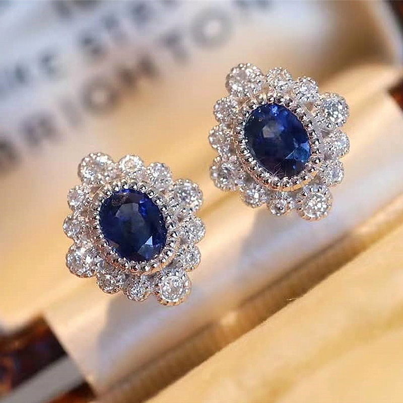 Cao Shi Live Online Celebrity Vintage Earrings New Arrival Diamond Sapphire Blue Zircon Flower-Shaped Earrings Trendy Earrings for Women