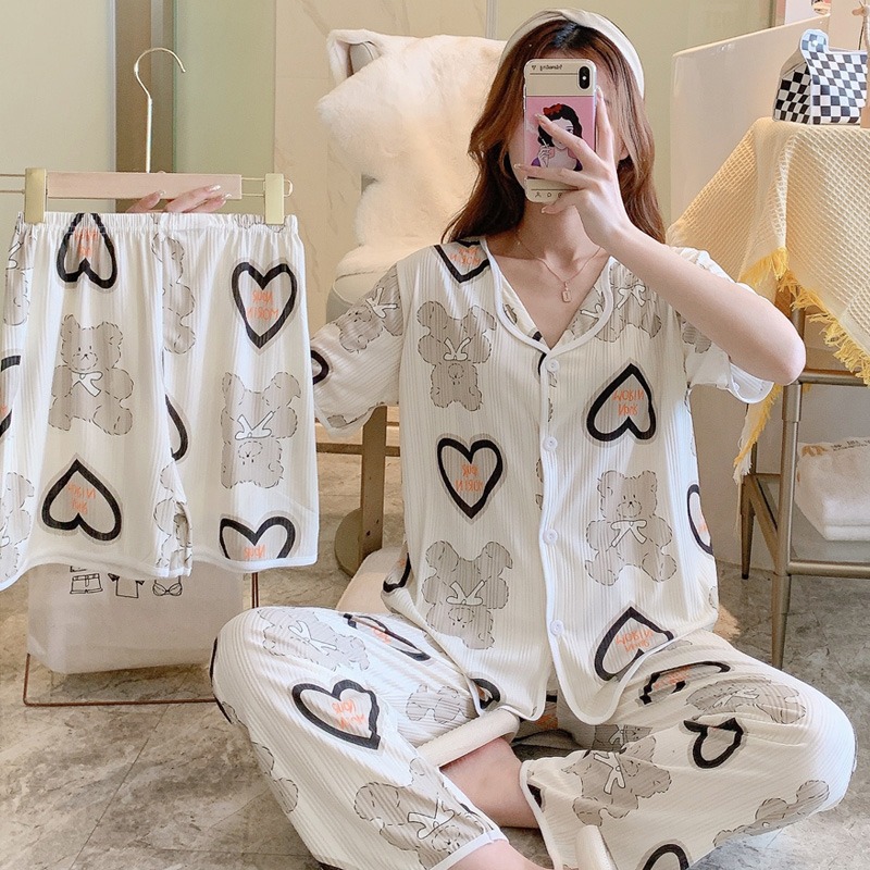 Pajamas Women's Summer Short-sleeved Pants Three-piece Set Cartoon Bear Pull Edge Loose Pit Milk Silk Foreign Trade Live Broadcast Set