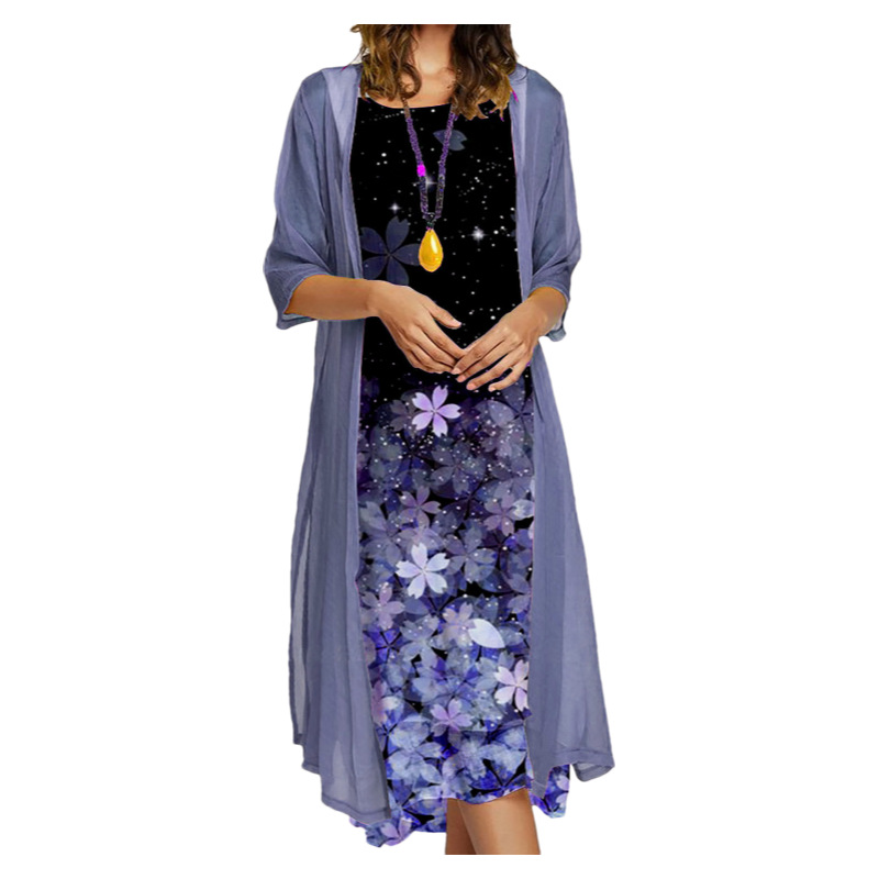 2024 European and American Amazon Autumn New Women's Long Dress Two-Piece Floral Print Crewneck Dress Coat Women