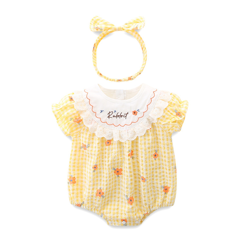Girls' Summer Thin jumpsuit Newborn Baby Plaid jumpsuit Baby Triangle Bag Fart Clothes Hare Clothes 3121