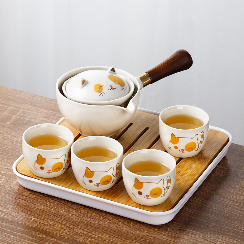 Rotating a Pot of Four Cups Travel Tea Set Accompanying Gift Tea Pot Household Ceramic Side Handle Pot Not Hot Lazy Tea Maker