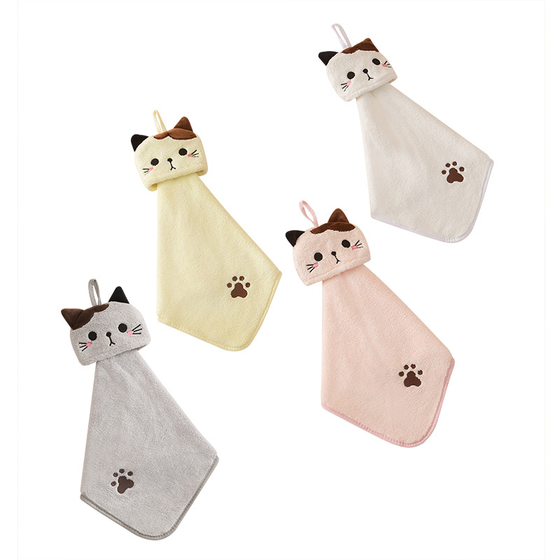 Coral fleece pocket cat embroidered towel bathroom hanging absorbent towel kitchen bathroom dual-use square towel wholesale