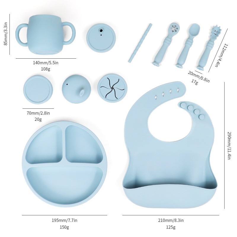 Explosive Silicone Tableware suit Children's Dinner Plate Partition Plate Baby Bib Supplemental Spoon Baby Maternal and Infant Supplies suit