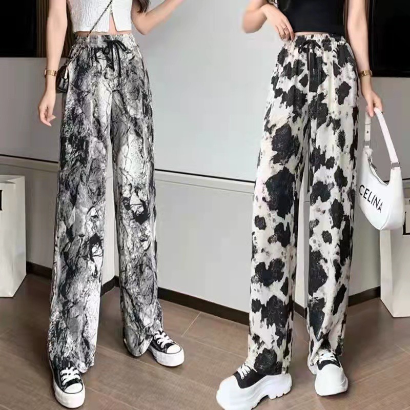 Ink Painting Tie-Dye Pants Women's Summer Thin High Waist Draping Straight Leg Pants Casual Pants Ice Silk Wide Leg Pants