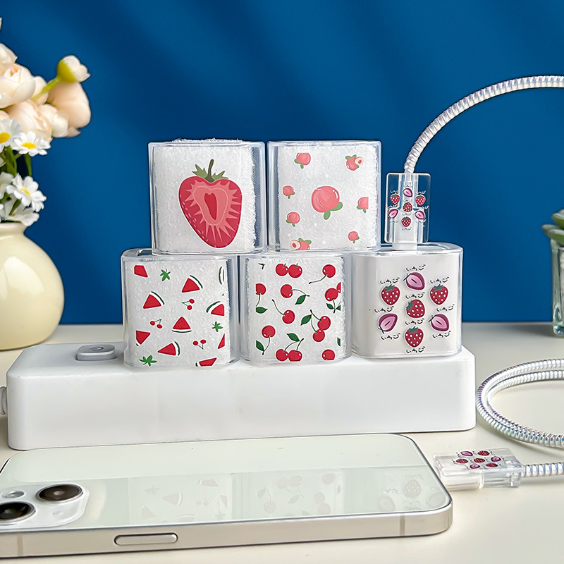 Suitable for Apple Mobile Phone Charger Protective Cover 15/14 Data Cable Protective Cover Bite Line Sliced Strawberry