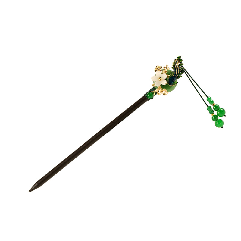 Antique Vintage Imitation Hetian Jade Petal Hairpin Ancient Chinese Clothing Tassel Step Headwear Modern Girl's Hair Hairpin