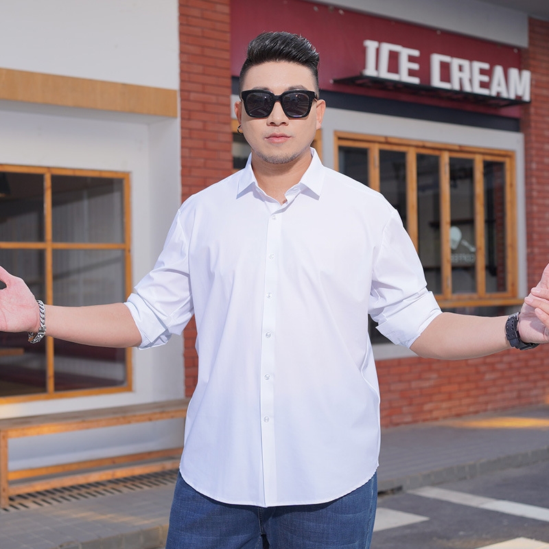 Spring and Autumn New plus size Men's Long-sleeved Shirt Chubby Brother's Non-marking Non-ironing High-elastic Solid Color Casual Shirt Plus Fat Plus Size