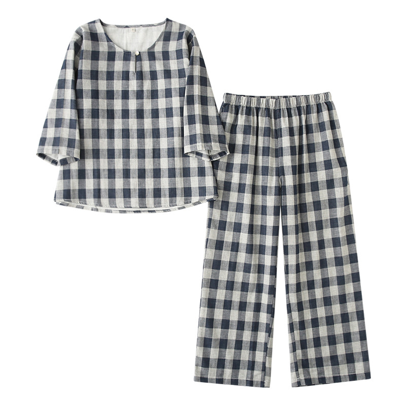 Spring Summer Autumn Women's Pure Cotton Pajamas Set Cotton Double Gauze Round Neck Pullover Plaid Loose Large Size Home Clothes