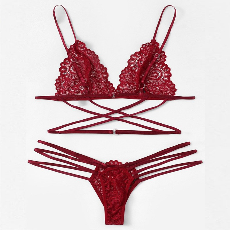 European and American Sexy Underwear Three-point Sexy Hollow Cross Strap Three-point Set Lace 2021 New Explosion