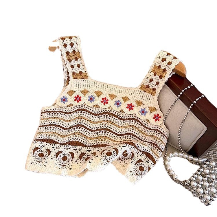 Knitted embroidered sexy camisole hollow-out knitted short inner women's top Bohemian ethnic style