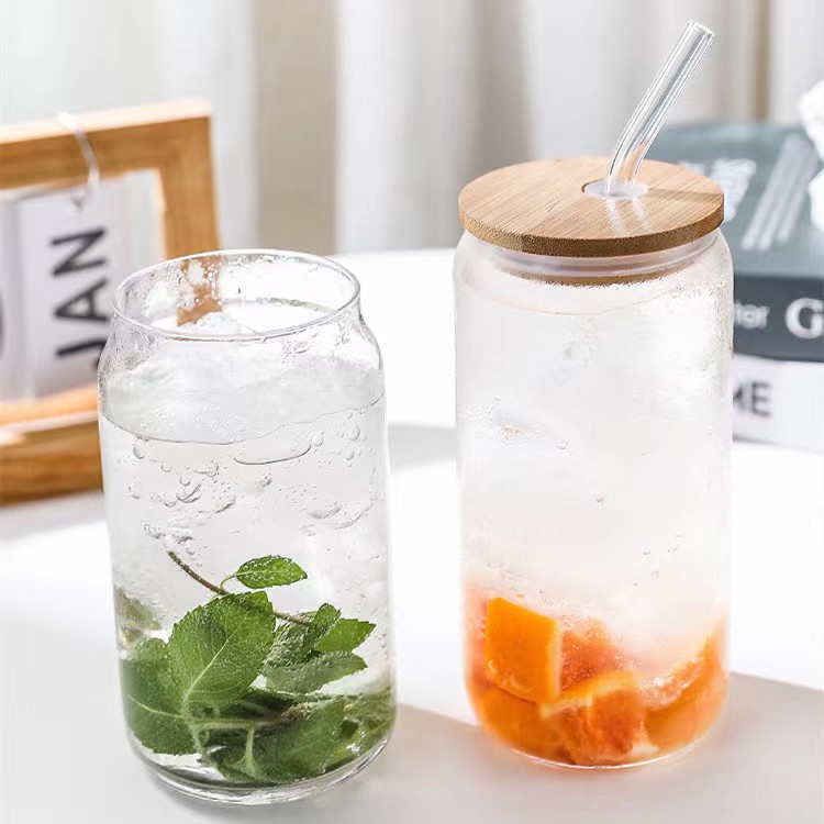 High Borosilicate Glass Bamboo Lid Single Layer Juice Cup with Straw Transparent Glass Coke Cup Large Capacity Single Layer Cup