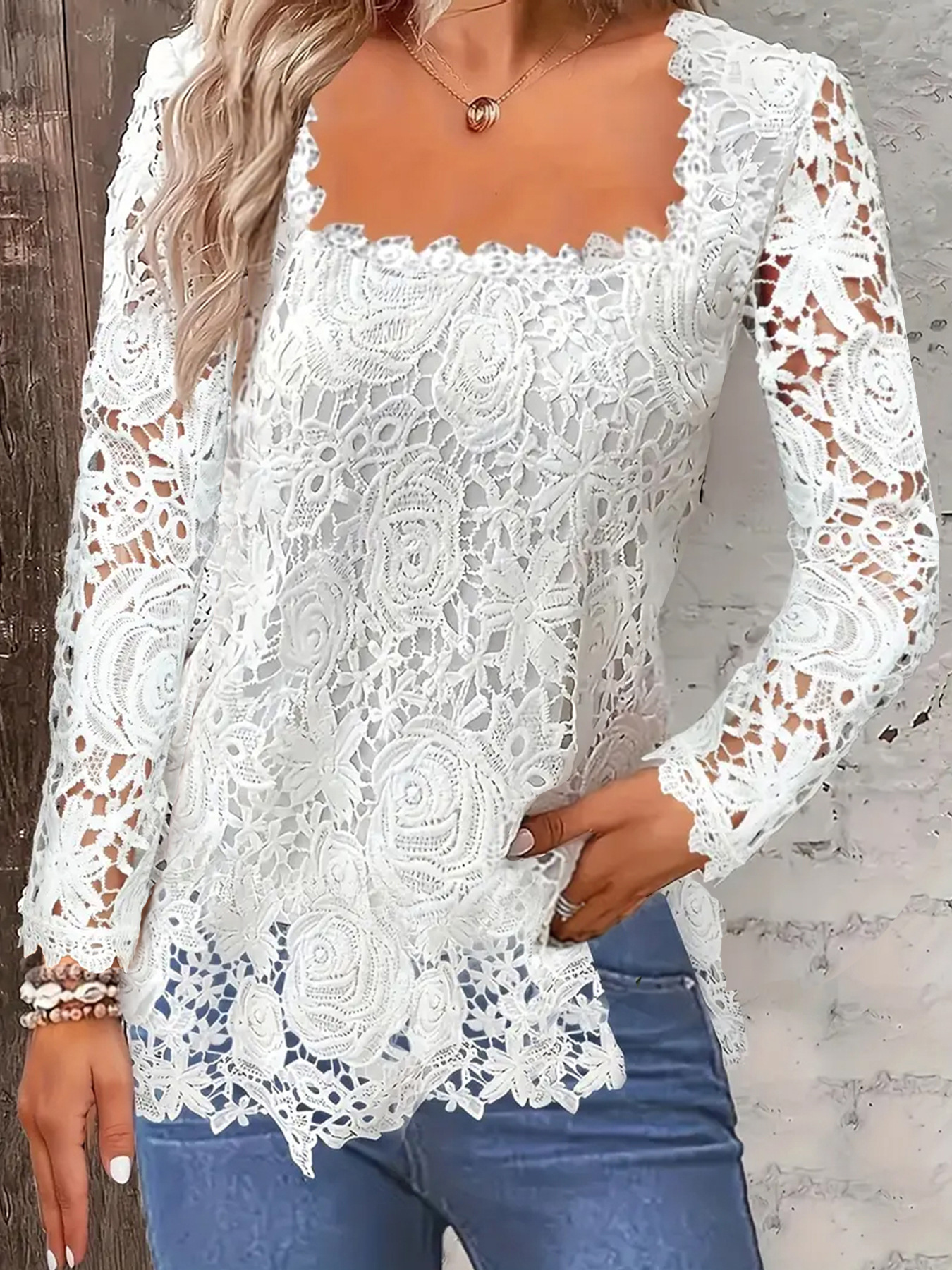 2024 New Amazon AliExpress European and American fashion women's short-sleeved lace top solid color T-shirt