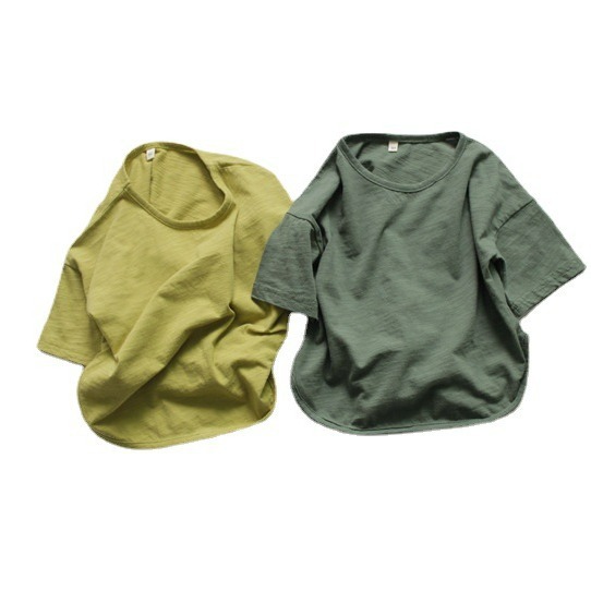 Solid Color Children's Base Shirt Korean Style Girls' T-shirt Class A Round Neck Loose Boys' Autumn Top Short Sleeve Cotton Hair