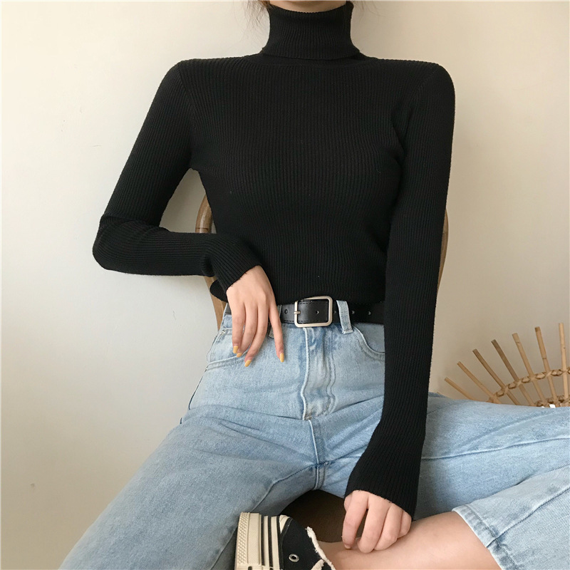 Black New High Neck Knitted Base Shirt Autumn and Winter Inner Wear Women's Sweater Slim-fit Spring and Autumn All-match Outer Wear Top Trendy